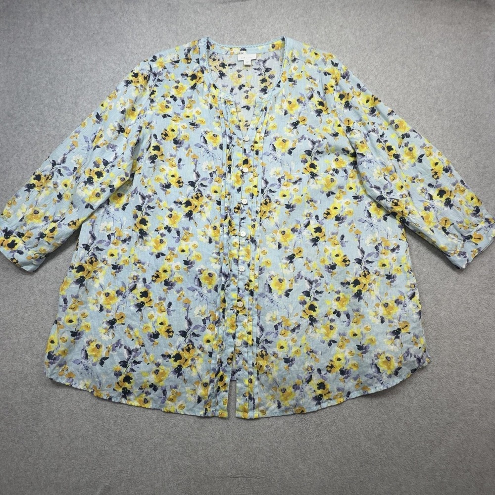 J Jill Love Linen Shirt Womens XL Blue Floral 3/4 Sleeve Button Pleated Tunic